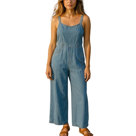 Rewash Medium Denim Chambray Cropped Jumper Romper Wide Leg Casual Jumpsuit - Picture 1 of 10